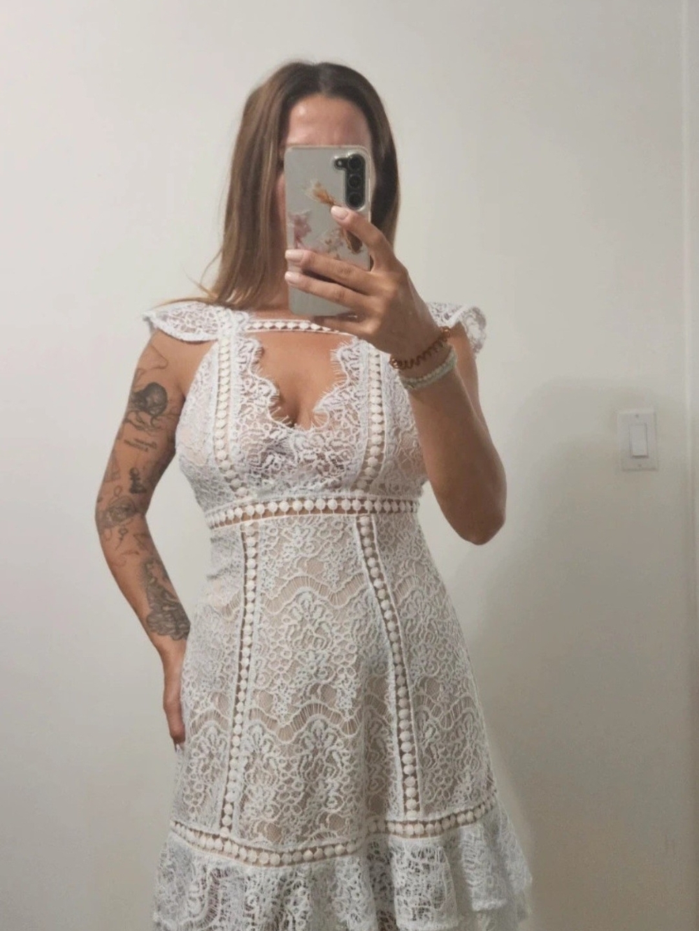 White Lace Cap-Sleeve Midi Dress